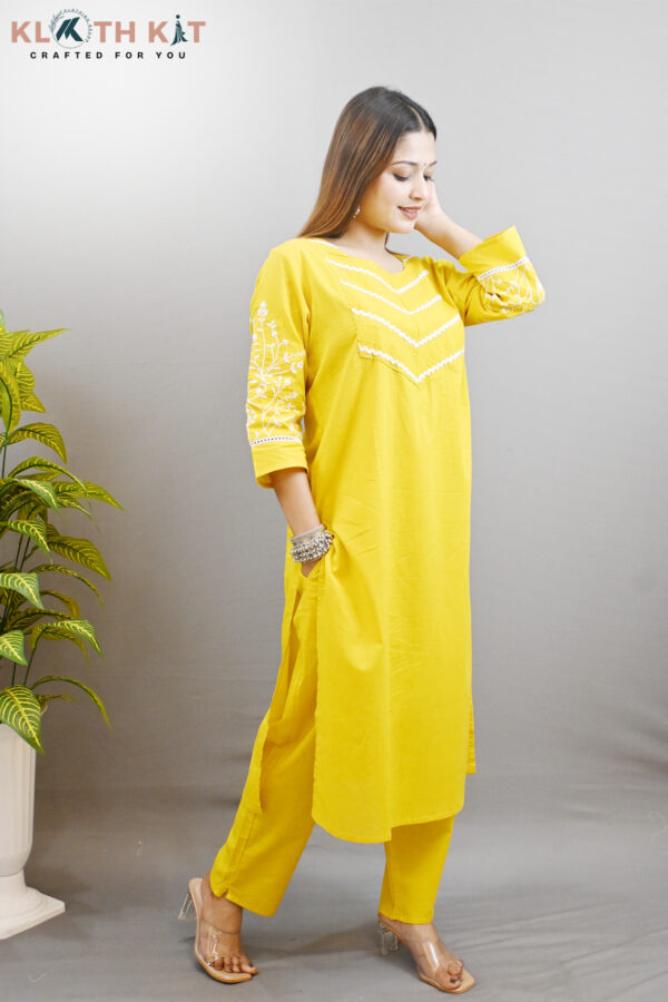 Kloth Kit Beautiful Embroidered Sleeve Kurti Pant Set (Yellow) - Image 8