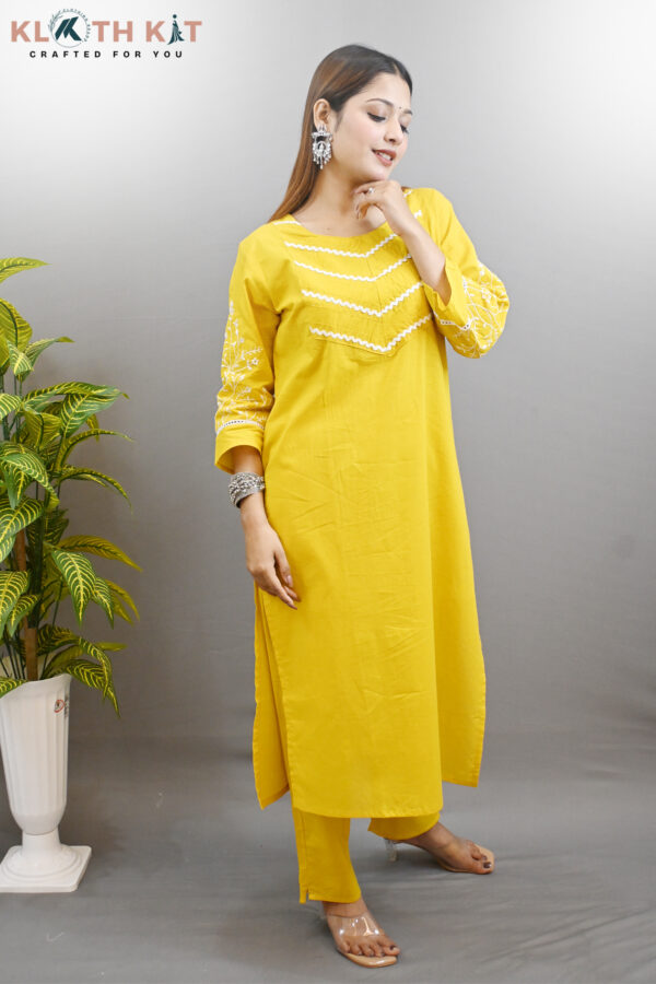 Kloth Kit Beautiful Embroidered Sleeve Kurti Pant Set (Yellow) - Image 5