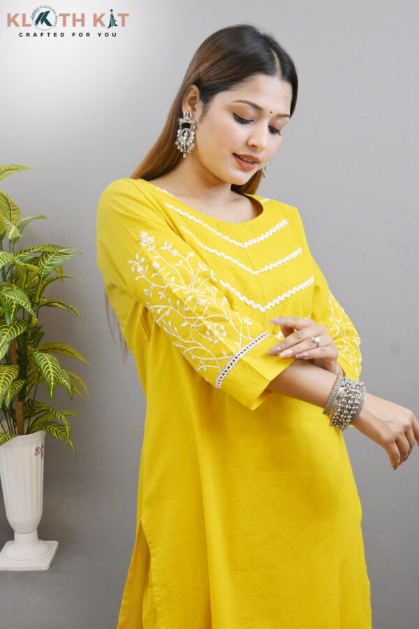 Kloth Kit Beautiful Embroidered Sleeve Kurti Pant Set (Yellow) - Image 4