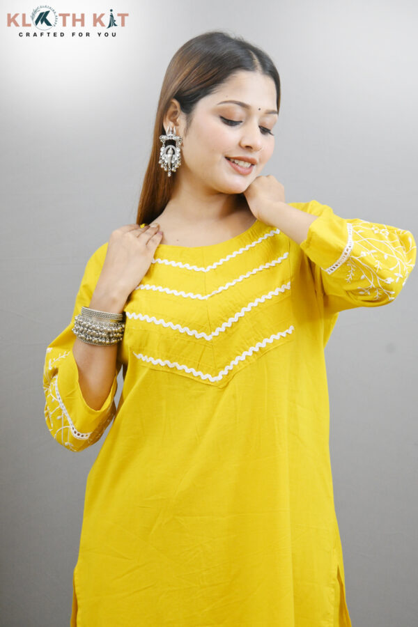 Kloth Kit Beautiful Embroidered Sleeve Kurti Pant Set (Yellow) - Image 3