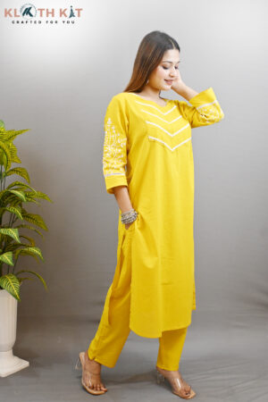 Kloth Kit Beautiful Embroidered Sleeve Kurti Pant Set (Yellow)