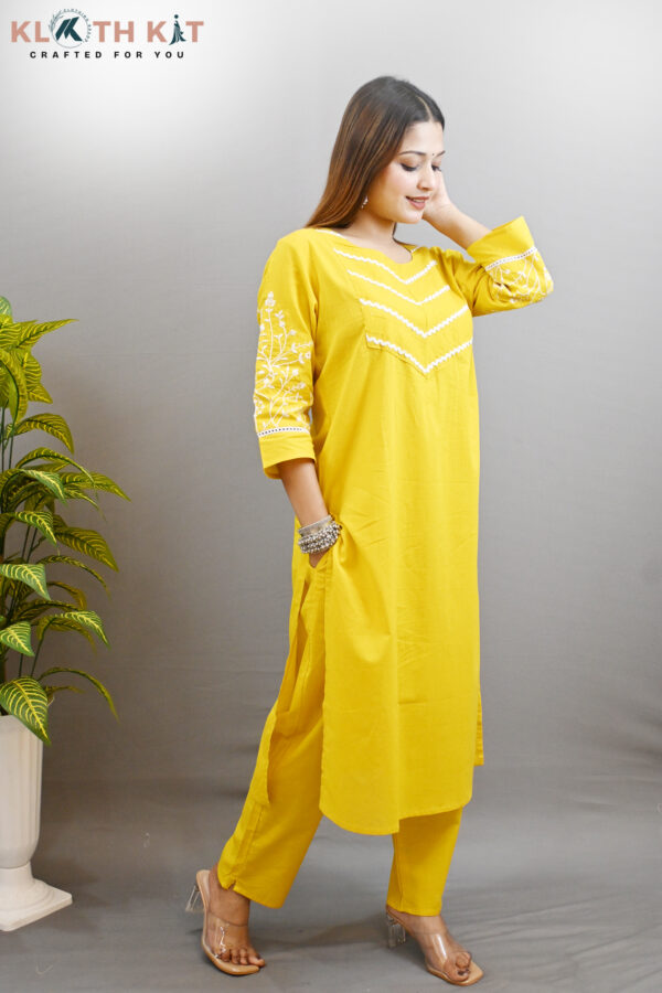Kloth Kit Beautiful Embroidered Sleeve Kurti Pant Set (Yellow)