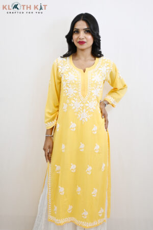 Kloth Kit Round Neck Yellow Modal Long Chikankari Kurti