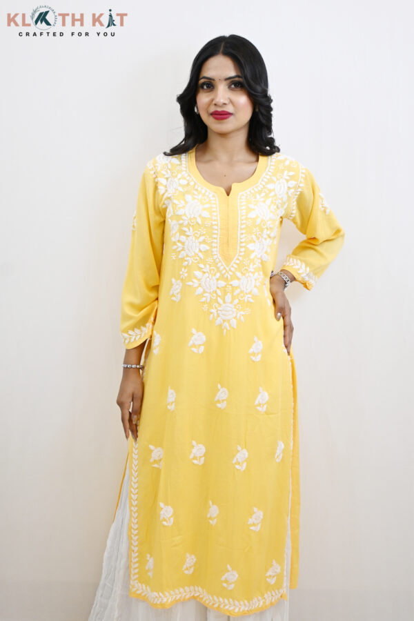 Kloth Kit Round Neck Yellow Modal Long Chikankari Kurti