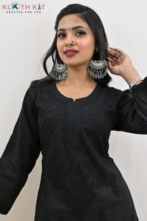 Kloth Kit Elegant Black Long Mulmul Chikankari Kurti - Image 2