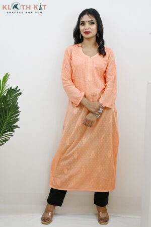Kloth Kit Peach Elegant Long Mulmul Chikankari Kurti