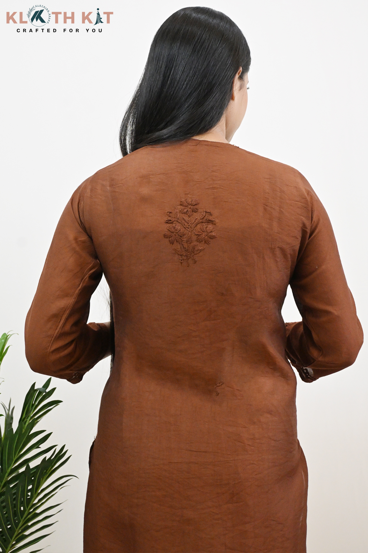 Kloth Kit Brown Elegant Chanderi Chikankari Long Kurti - Image 5