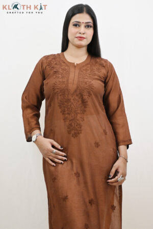 Kloth Kit Brown Elegant Chanderi Chikankari Long Kurti