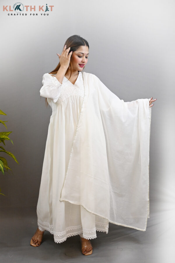 Kloth Kit White Alia Cut Anarkali Kurti with Pant & Dupatta - Image 2