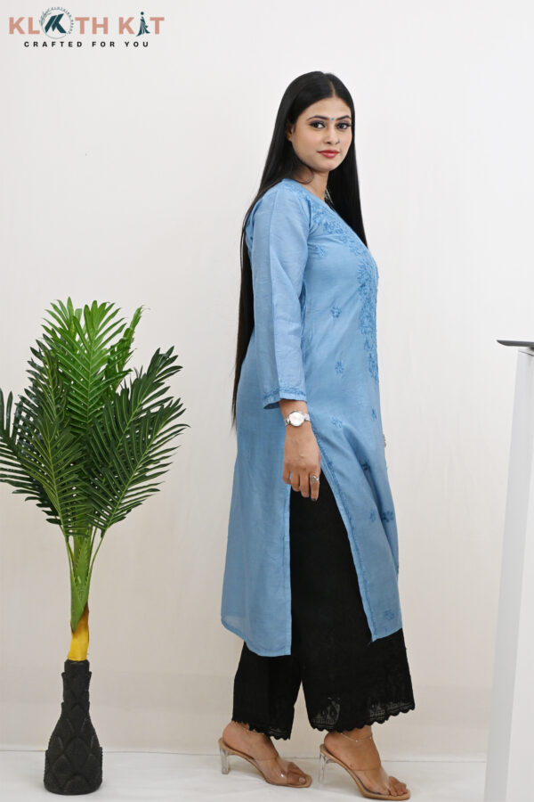 Kloth Kit Elegant Ocean Blue Chanderi Chikankari Long Kurti - Image 7