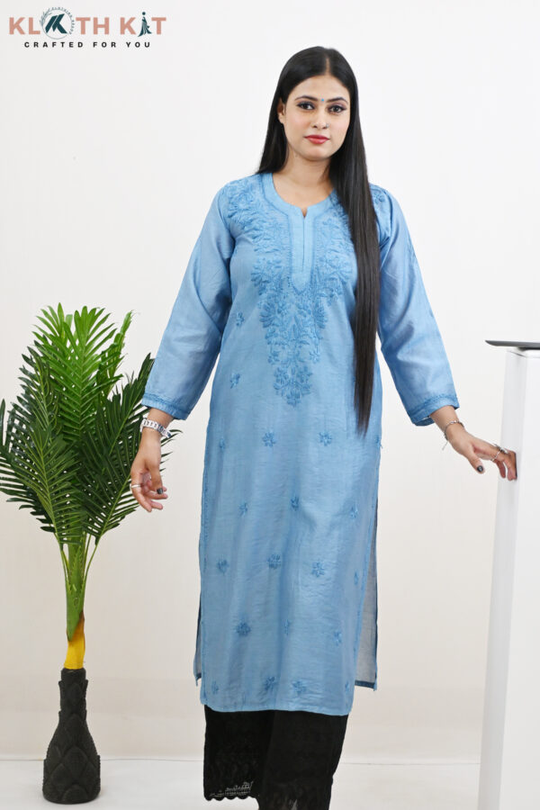 Kloth Kit Elegant Ocean Blue Chanderi Chikankari Long Kurti - Image 3