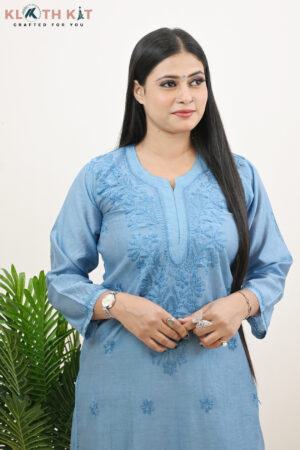 Kloth Kit Elegant Ocean Blue Chanderi Chikankari Long Kurti