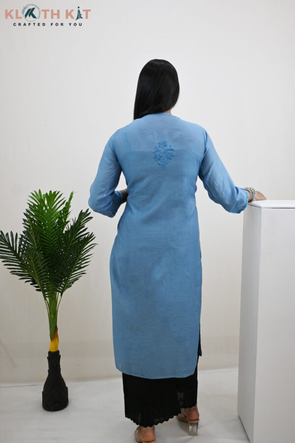 Kloth Kit Elegant Ocean Blue Chanderi Chikankari Long Kurti - Image 8