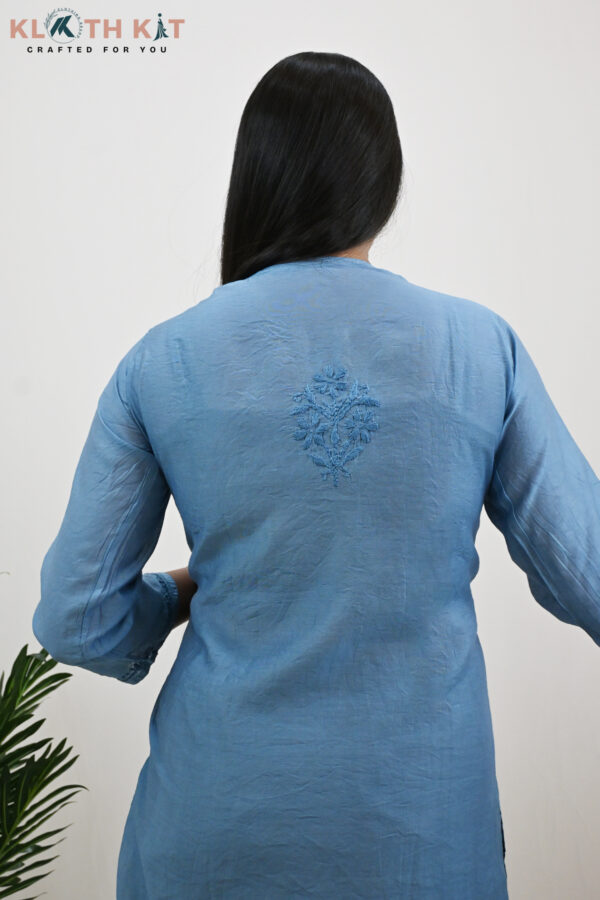 Kloth Kit Elegant Ocean Blue Chanderi Chikankari Long Kurti - Image 2