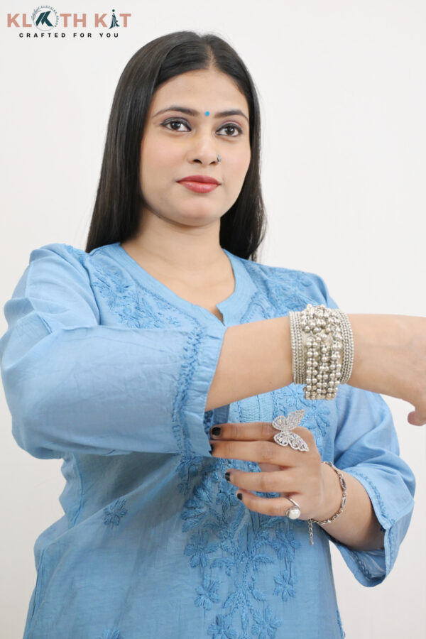 Kloth Kit Elegant Ocean Blue Chanderi Chikankari Long Kurti - Image 4
