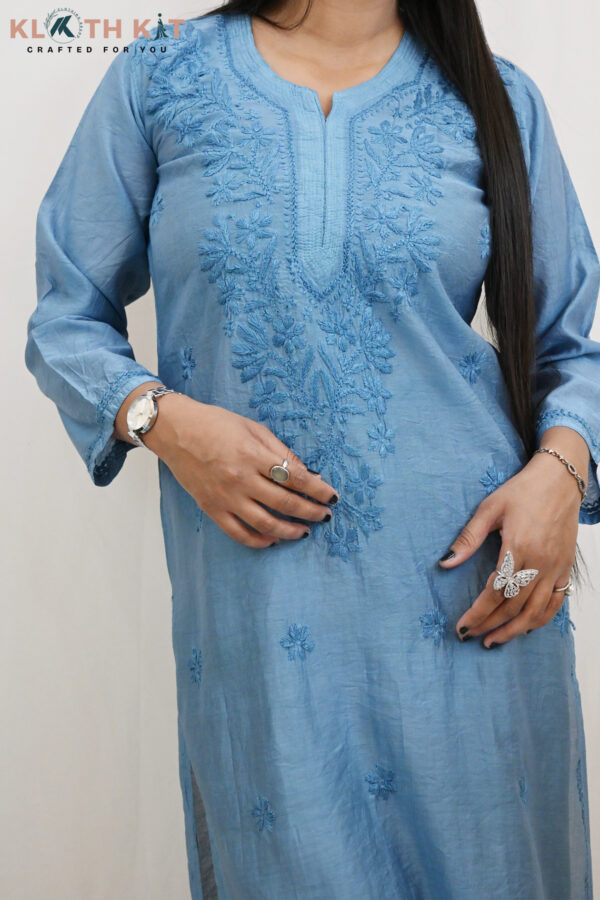 Kloth Kit Elegant Ocean Blue Chanderi Chikankari Long Kurti - Image 5