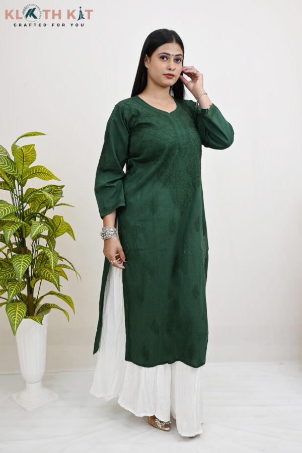 Kloth Kit Elegant Green Long Mulmul Chikankari Kurti - Image 4
