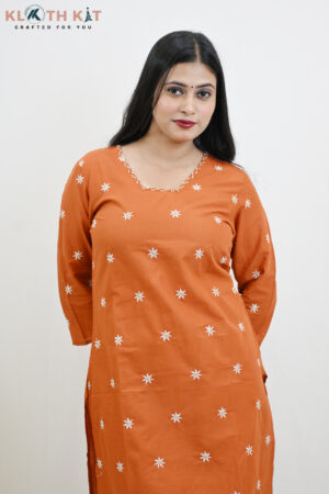 Kloth Kit Trendy Rust Orange Co Ord set with Embroidered Neck Design