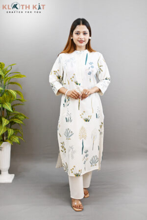 Off White Printed Kurta Set (Green)
