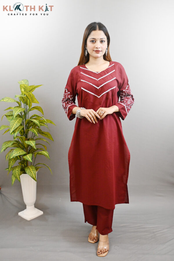 Kloth Kit Beautiful Embroidered Sleeve Kurti Pant Set (Red) - Image 7