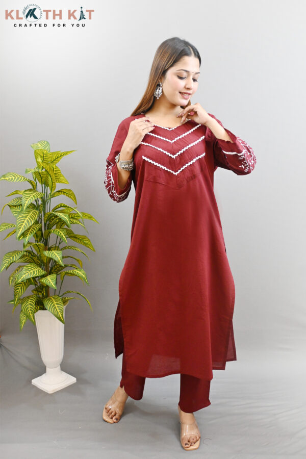 Kloth Kit Beautiful Embroidered Sleeve Kurti Pant Set (Red) - Image 6
