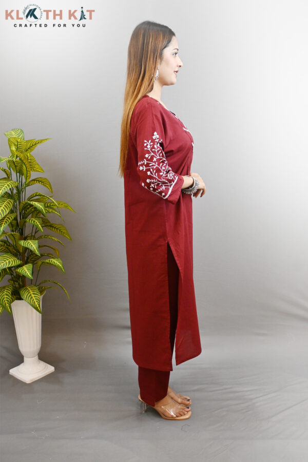 Kloth Kit Beautiful Embroidered Sleeve Kurti Pant Set (Red) - Image 5