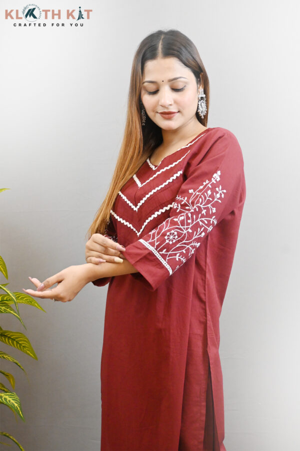 Kloth Kit Beautiful Embroidered Sleeve Kurti Pant Set (Red) - Image 3