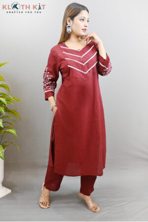 Kloth Kit Beautiful Embroidered Sleeve Kurti Pant Set (Red)
