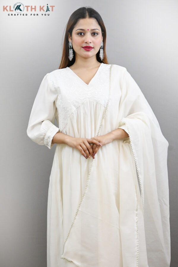 Kloth Kit White Alia Cut Anarkali Kurti with Pant & Dupatta