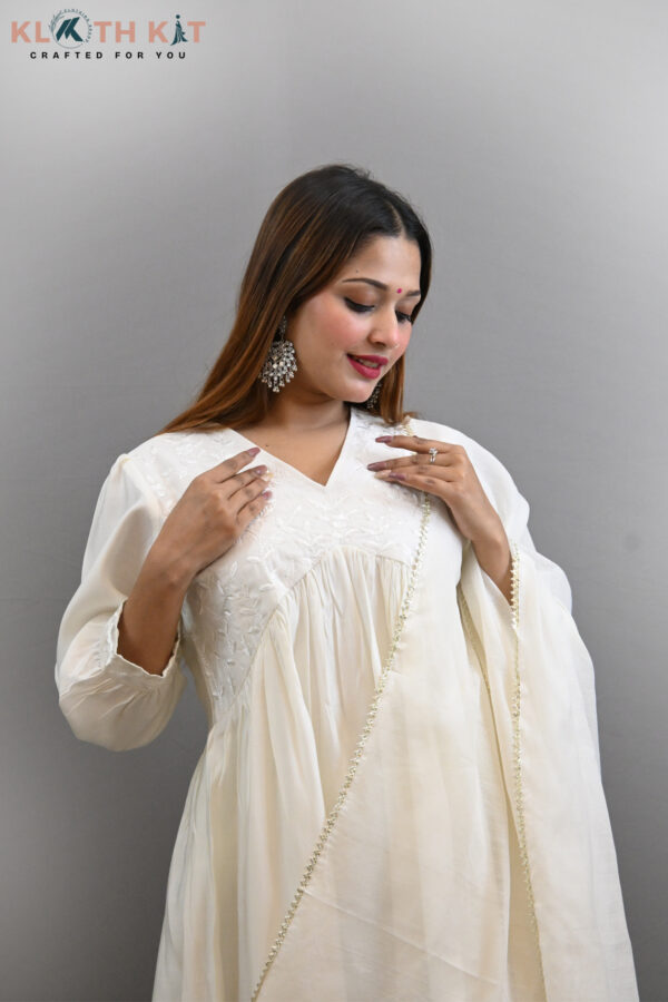 Kloth Kit White Alia Cut Anarkali Kurti with Pant & Dupatta - Image 7