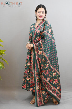 Kloth Kit Green Floral Alia Cut Anarkali Kurti with Pant & Dupatta