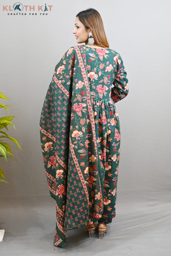 Kloth Kit Green Floral Alia Cut Anarkali Kurti with Pant & Dupatta - Image 2