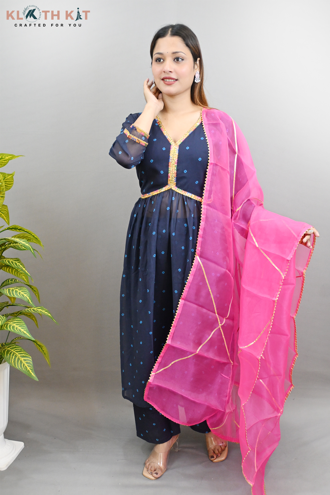 Kloth Kit Blue Aliya Cut Bandhani Print with Pink Dupatta Set - Image 2