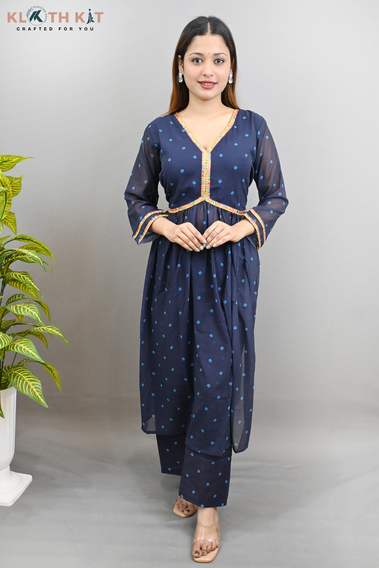 Kloth Kit Blue Aliya Cut Bandhani Print with Pink Dupatta Set - Image 3