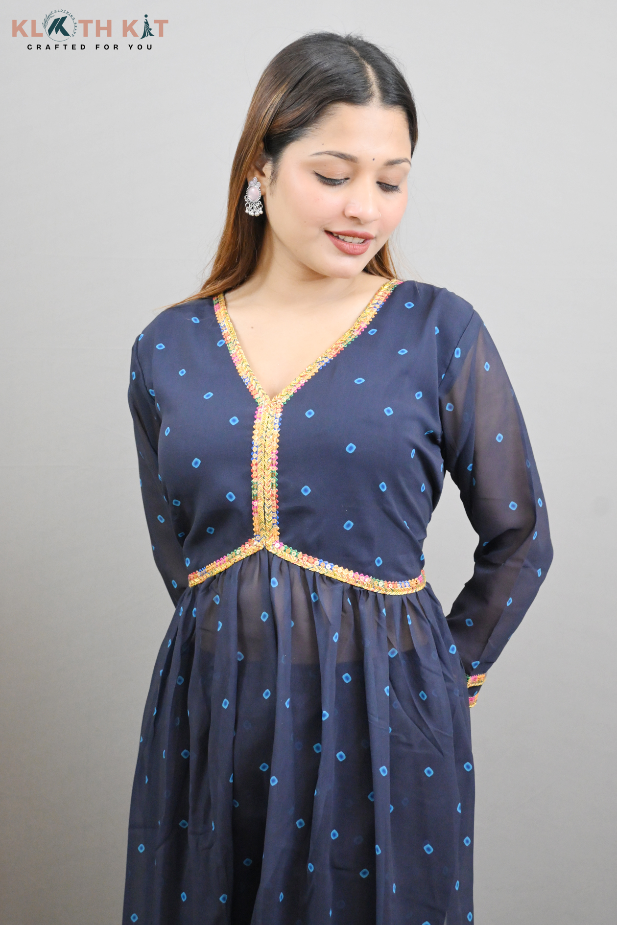 Kloth Kit Blue Aliya Cut Bandhani Print with Pink Dupatta Set - Image 5