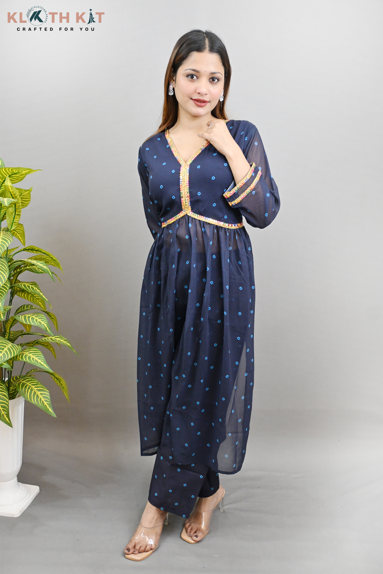 Kloth Kit Blue Aliya Cut Bandhani Print with Pink Dupatta Set - Image 6